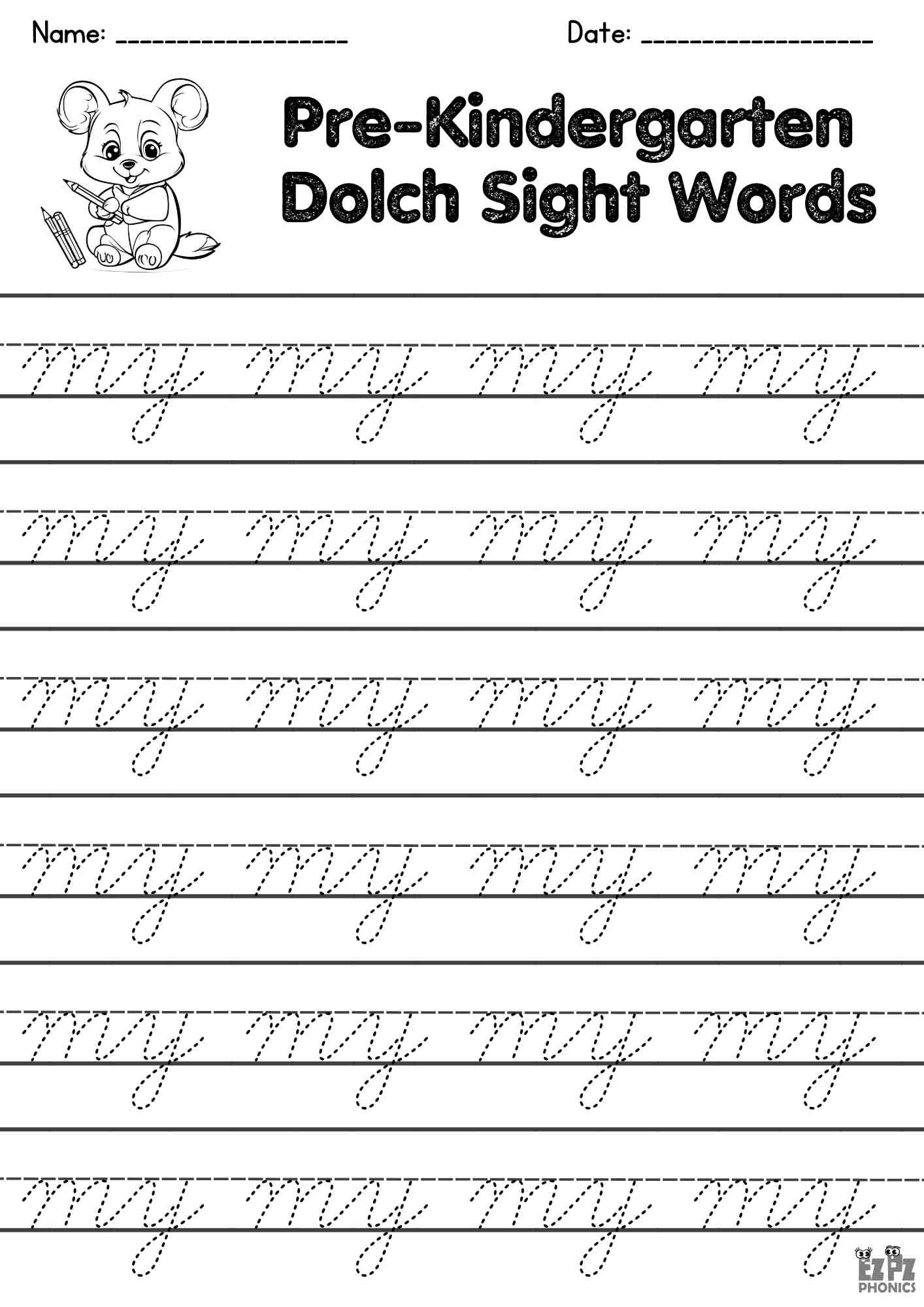 The Word My Cursive Writing Practice – Pre-K Dolch Sight Words Free PDF Download
